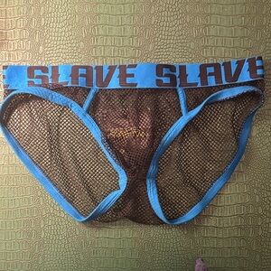 Andrew Christian SLAVE black mesh briefs with blue trim